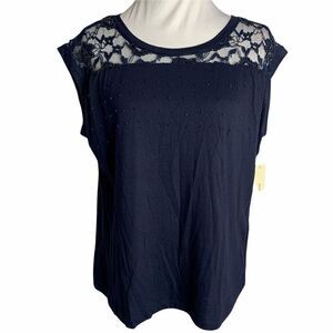 Beaded Lace Yoke Sleeveless Top XL Navy Blue